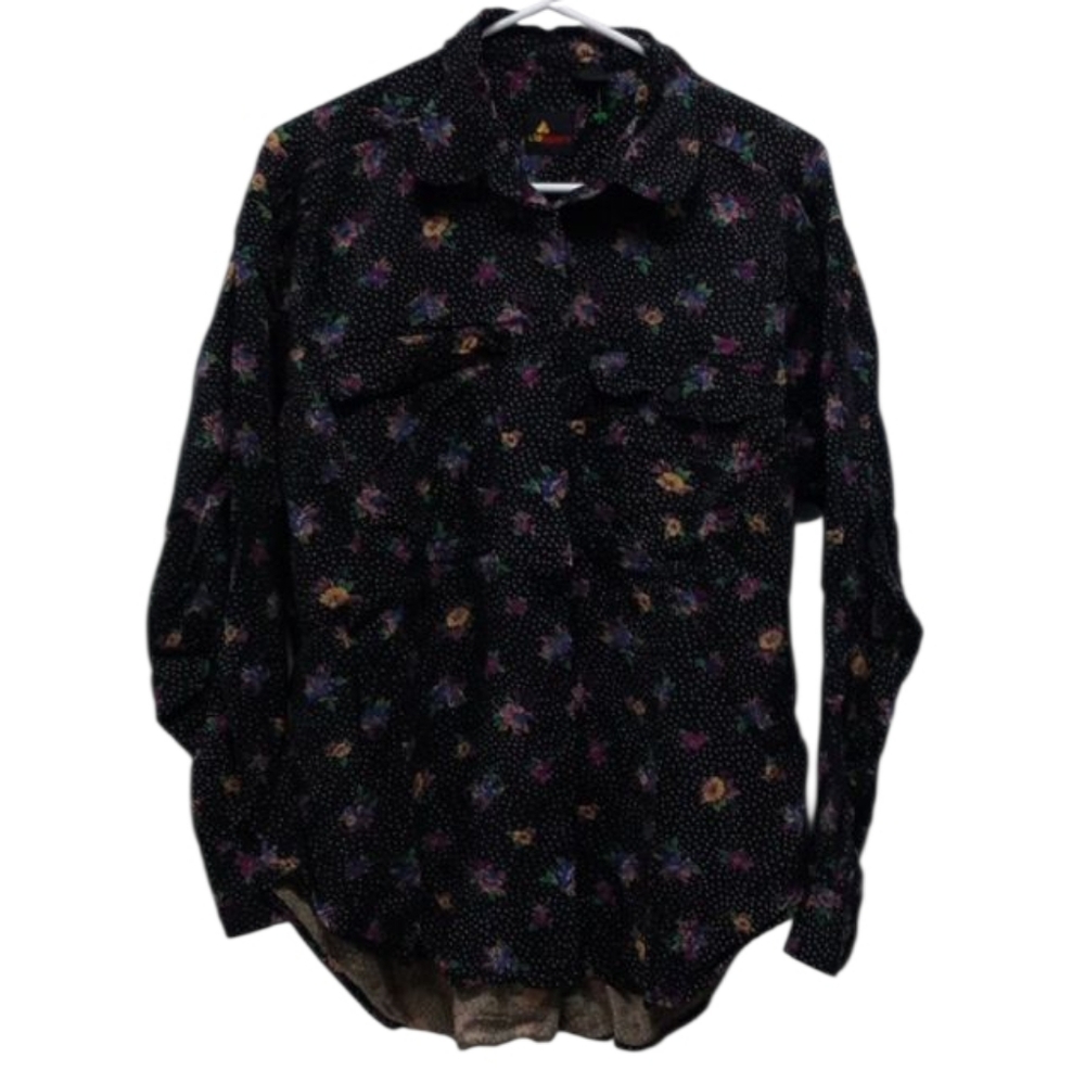 Vintage Liz Sport Black Floral/Polka Dot Button Down Long Sleeve Shirt